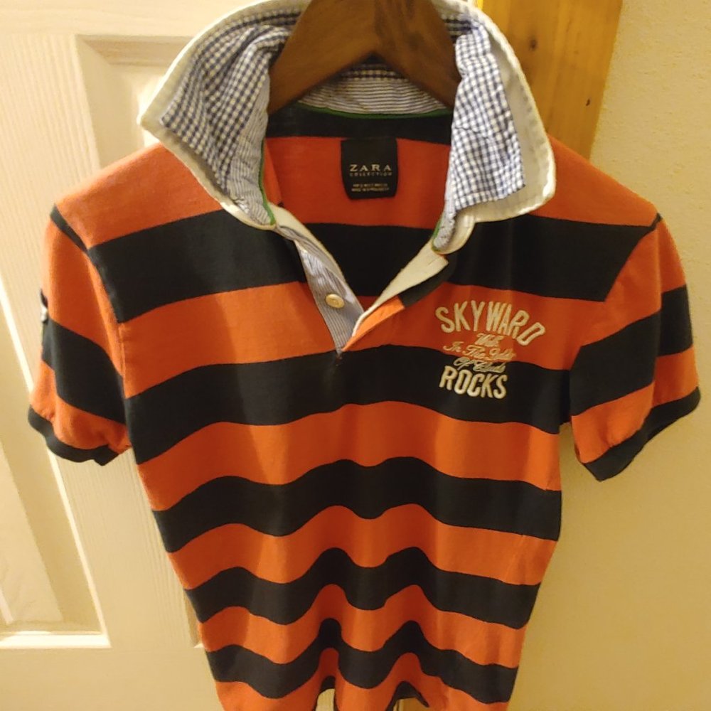 Zara Men's Striped Polo w/ Layered Collar and Patches. Very Cute. Small (S)